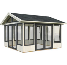 Abri de jardin avec toit pointu, fenêtres et double porte