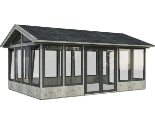 Pavillon Palmako Isabella 22,2 m² 597 x 401 cm imprégné par immersion gris Pavillon de jardin avec revêtement en bois, façade en verre et toit foncé