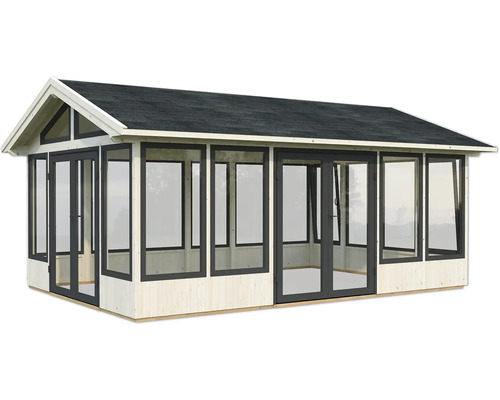 Pavillon de jardin avec cadre en bois et fenêtres en verre