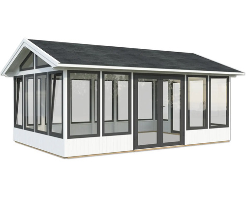 Pavillon de jardin avec façade en verre et toit à deux pans