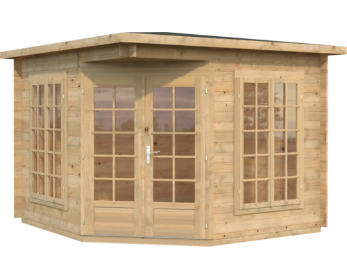 Gartenhaus aus Holz mit Fenstern und Doppeltür