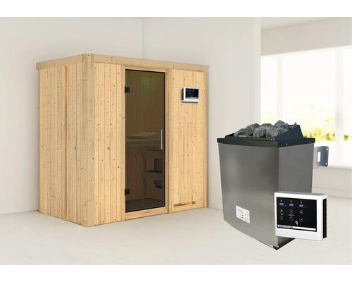 Holzsauna mit Glastür und Saunaofen mit Steinen