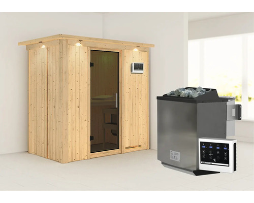 Holzsauna mit Saunaofen und Steuerung