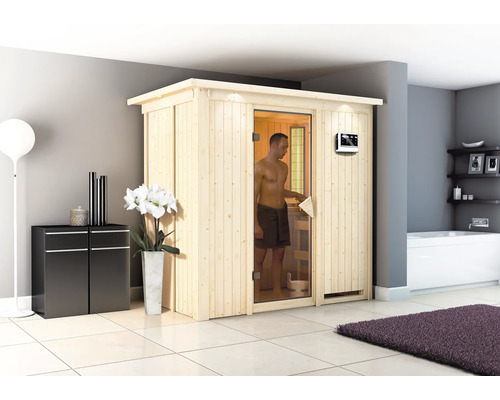 Sauna modulaire Karibu Mariado avec poêle bio 9 kW et commande ext. avec couronne et porte entièrement vitrée coloris bronze Sauna modulaire Karibu Mariado avec poêle bio 9 kW et commande ext. avec couronne et porte entièrement vitrée coloris bronze
