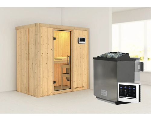 Sauna modulaire Karibu Mariado avec poêle bio 9 kW et commande externe sans couronne avec porte entièrement vitrée transparente Sauna modulaire Karibu Mariado avec poêle bio 9 kW et commande externe sans couronne avec porte entièrement vitrée transparente