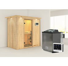 Sauna mit Saunaofen und Steuerungselementen in einem hellen Raum