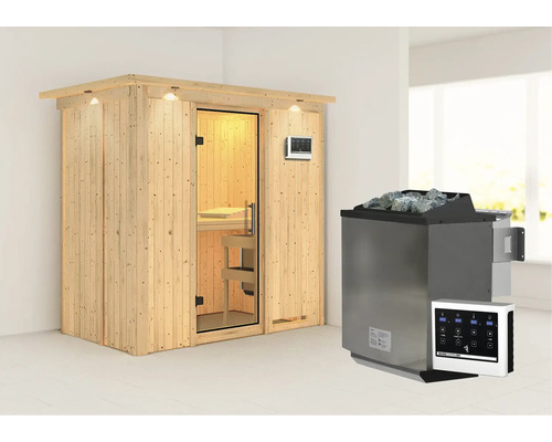 Sauna modulaire Karibu Mariado avec poêle bio 9 kW et commande externe avec couronne et porte entièrement vitrée transparente Sauna modulaire Karibu Mariado avec poêle bio 9 kW et commande externe avec couronne et porte entièrement vitrée transparente