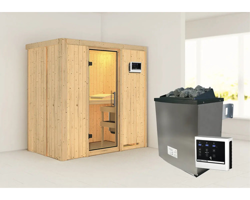 Sauna modulaire Karibu Mariado avec poêle 9 kW et commande externe sans couronne avec porte entièrement vitrée transparente Sauna modulaire Karibu Mariado avec poêle 9 kW et commande externe sans couronne avec porte entièrement vitrée transparente
