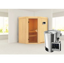 Ecksauna aus Holz mit Saunaofen und Steuerung