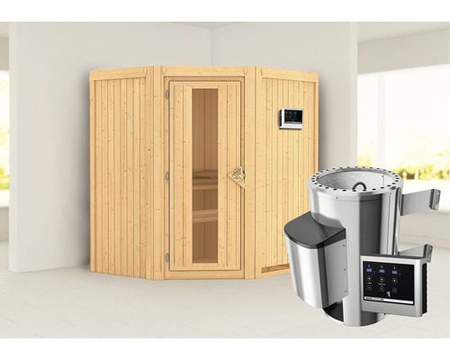 Sauna Plug & Play Karibu Monja poêle 3,6 kW et commande externe, avec couronne et porte en bois avec verre à isolation thermique