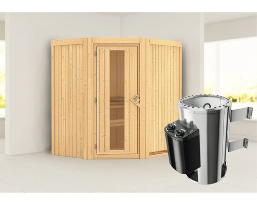 Sauna Plug & Play Karibu Monja avec poêle 3,6 kW et commande intégrée, sans couronne avec porte bois en verre isolé thermiquement