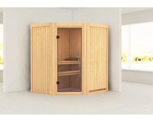 Plug & Play Sauna Karibu Monja ohne Ofen ohne Dachkranz mit Ganzglastüre aus Klarglas