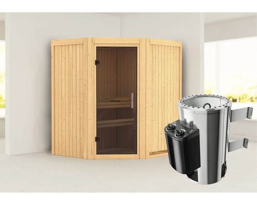 Sauna Plug & Play Karibu Monja avec poêle 3,6 kW et commande intégrée sans couronne avec porte entièrement vitrée coloris graphite