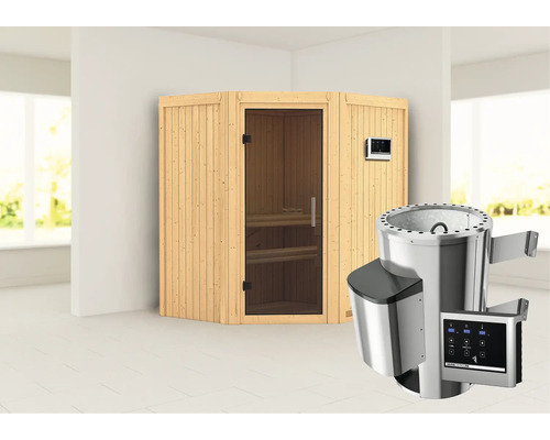 Sauna Plug & Play Karibu Monja avec poêle 3,6 kW et commande externe, sans couronne avec porte entièrement vitrée coloris graphite