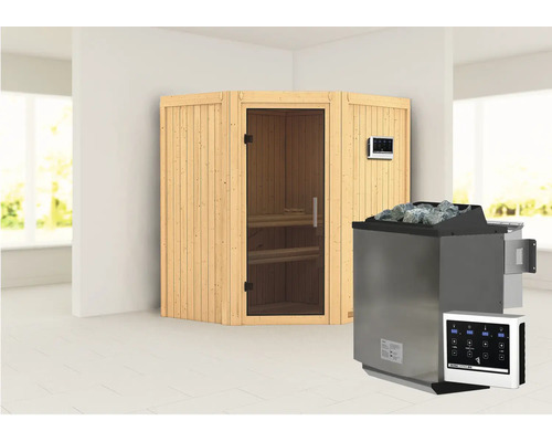 Sauna modulaire Karibu Maurin avec poêle bio 9 kW et commande ext., sans couronne, avec porte entièrement vitrée coloris graphite