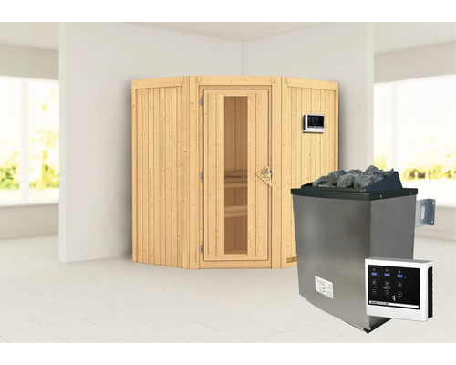 Elementsauna Karibu Maurin inkl. 9 kW Ofen u.ext.Steuerung ohne Dachkranz mit Holztüre und Isolierglas wärmegedämmt