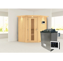 Ecksauna aus Holz mit Saunaofen und Steuerung
