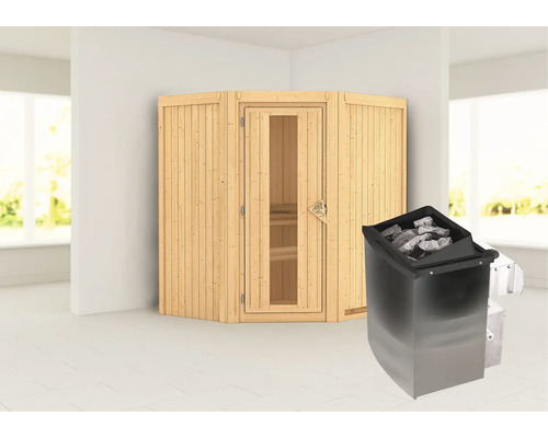 Elementsauna Karibu Maurin inkl. 9 kW Ofen u.integr.Steuerung ohne Dachkranz mit Holztüre und Isolierglas wärmegedämmt Elementsauna Karibu Maurin inkl. 9 kW Ofen u.integr.Steuerung ohne Dachkranz mit Holztüre und Isolierglas wärmegedämmt