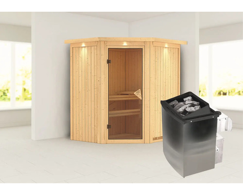 Sauna modulaire Karibu Maurin avec poêle 9 kW et commande intégrée avec couronne et porte entièrement vitrée coloris bronze