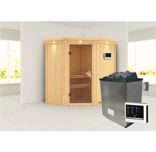 Sauna d''angle en bois avec poêle de sauna et pierres, ainsi qu''un élément de commande