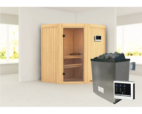 Elementsauna Karibu Maurin inkl. 9 kW Ofen u.ext.Steuerung ohne Dachkranz mit Ganzglastüre aus Klarglas