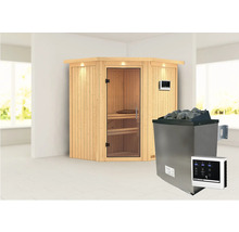 Ecksauna aus Holz mit Saunaofen und Steuerung