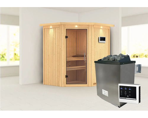 Sauna modulaire Karibu Maurin avec poêle 9 kW et commande ext. avec couronne et porte entièrement vitrée en verre transparent