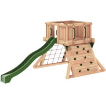Tour de jeu en bois avec toboggan, filet d''escalade et mur d''escalade