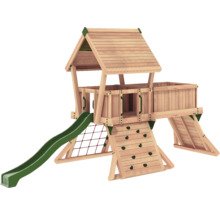 Maisonnette en bois avec toboggan, mur d''escalade et filet