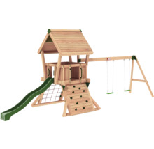 Tour de jeux en bois avec toboggan, mur d''escalade, filet et balançoire