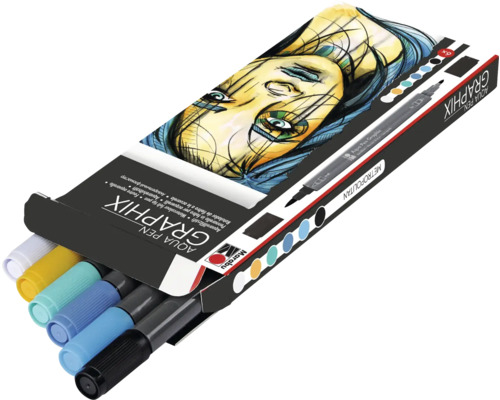 Marabu Aqua Pen Graphix Set Metropolitan avec six stylos dans un emballage ouvert.
