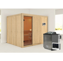 Sauna mit Holzwänden, Glastür, Bedienfeld und Saunaofen