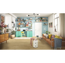 Salon avec canapé, bureau, étagères et parquet