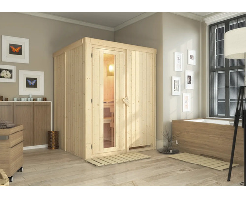 Sauna modulaire Karibu Norina sans poêle et couronne avec porte en bois et verre à isolation thermique