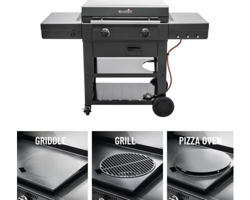 Grill plancha Char-Broil Griddle avec système Tile-Cooking 3-en-1, lèchefrite amovible Chariot de barbecue avec plaque de cuisson, grille et couvercle de four à pizza