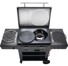 Barbecue à gaz avec capot ouvert et différentes surfaces de cuisson