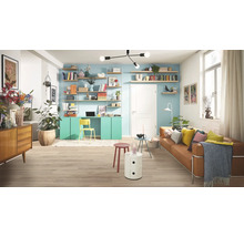Salon avec système d''étagères, bureau, canapé et parquet pour une ambiance lumineuse et organisée.