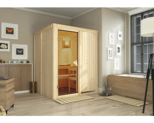 Sauna modulaire Karibu Norina sans poêle et couronne avec porte vitrée coloris bronze