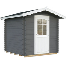 Abri de jardin gris avec porte et fenêtres blanches