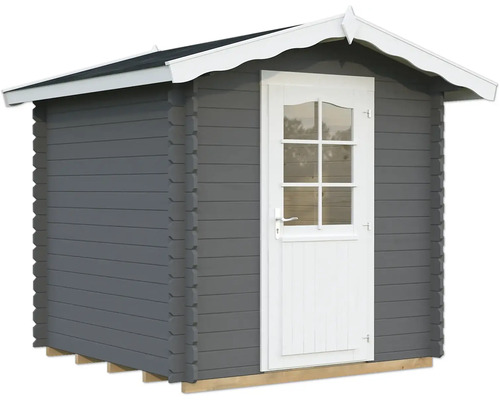 Abri de jardin gris avec porte et fenêtres blanches