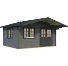 Abri de jardin gris avec fenêtres et double porte
