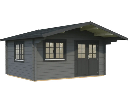 Abri de jardin gris avec fenêtres et double porte