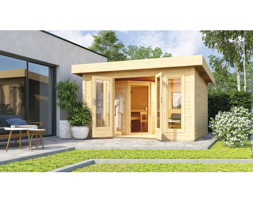 Chalet sauna Karibu Nordina avec poêle bio 9 kW et commande externe, avec vestibule et porte en bois avec verre à isolation thermique Chalet sauna Karibu Nordina avec poêle bio 9 kW et commande externe, avec vestibule et porte en bois avec verre à isolation thermique