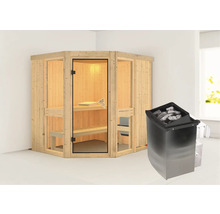 Sauna aus Holz mit Saunaofen und Saunasteinen.