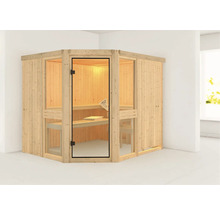 Sauna d''angle avec porte en verre et revêtement en bois dans une pièce claire.