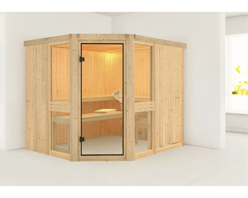 Sauna modulaire Karibu Omelia 3 sans poêle et couronne avec porte vitrée coloris bronze Sauna modulaire Karibu Omelia 3 sans poêle et couronne avec porte vitrée coloris bronze