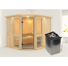 Sauna d''angle en bois avec porte en verre et poêle de sauna