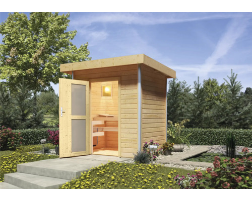 Chalet sauna Karibu Opal 1 sans poêle, avec porte en bois avec verre opale