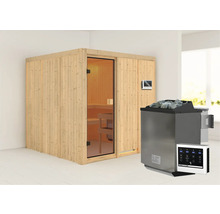 Innensauna aus Holz mit Glastür, Saunaofen und digitalem Bedienfeld.