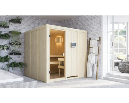 Sauna modulaire Karibu Oulu avec poêle 9 kW avec commande ext. sans couronne avec porte entièrement vitrée couleur bronze Sauna modulaire Karibu Oulu avec poêle 9 kW avec commande ext. sans couronne avec porte entièrement vitrée couleur bronze